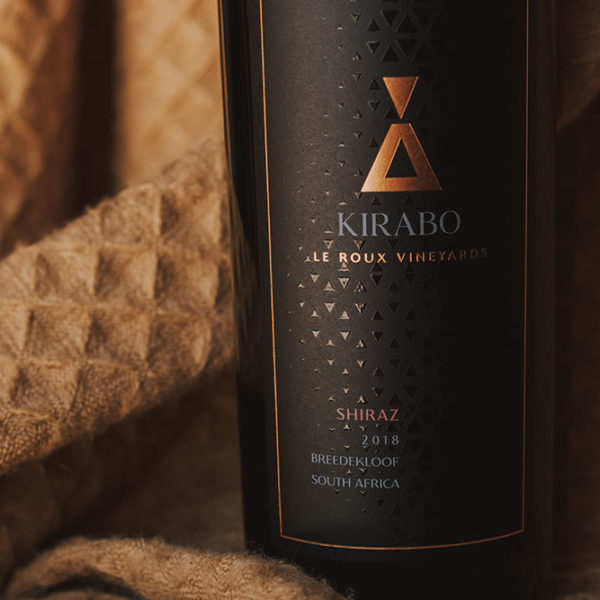 Kirabo Shiraz red wine, focus on the label.
