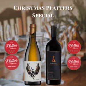 Kirabo Christmas Platters Special. Bottle of She Awoke Chenin Blanc and Kirabo Petit Verdot with Platters Stickers.