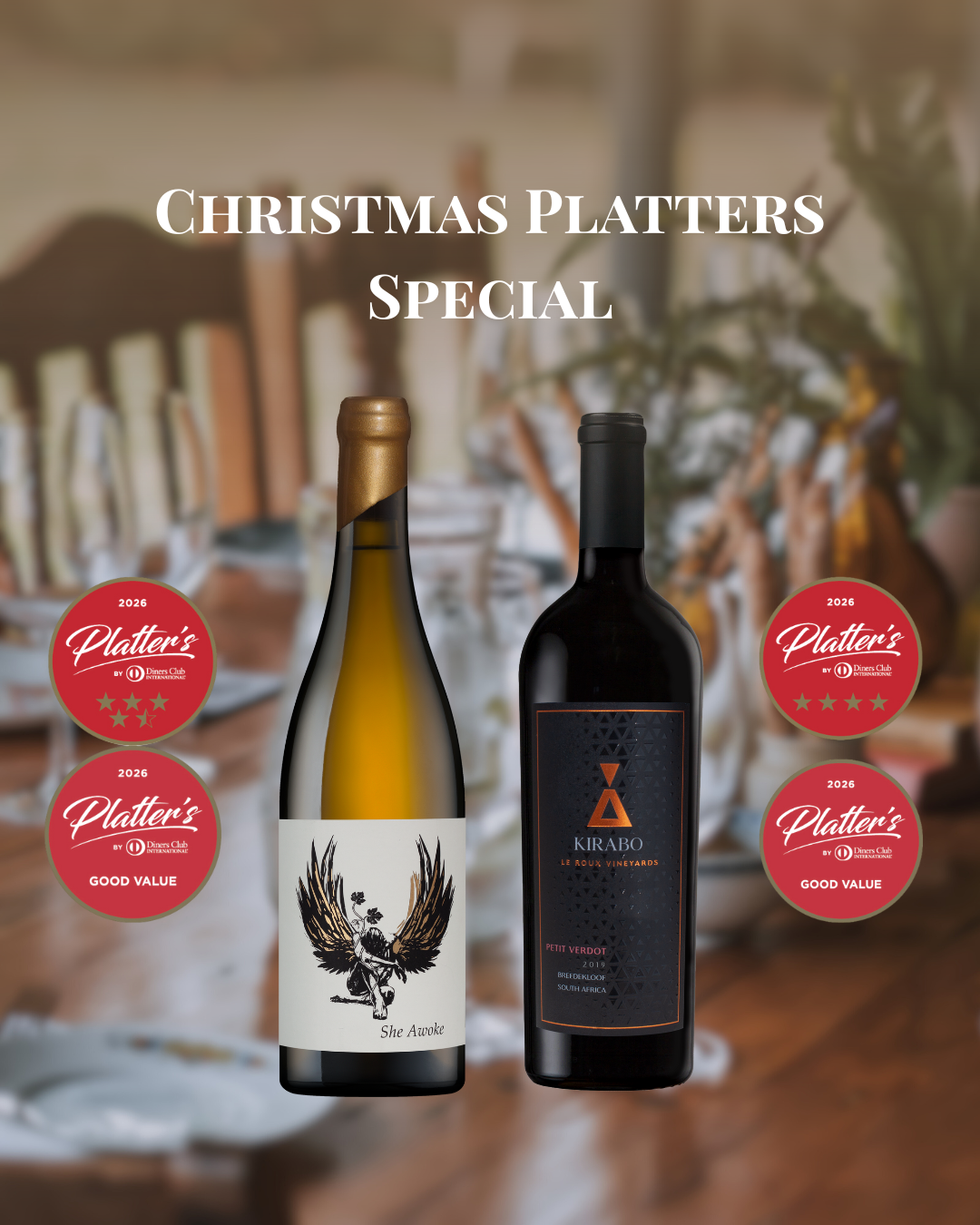 Kirabo Christmas Platters Special Kirabo Christmas Platters Special. Bottle of She Awoke Chenin Blanc and Kirabo Petit Verdot with Platters Stickers.